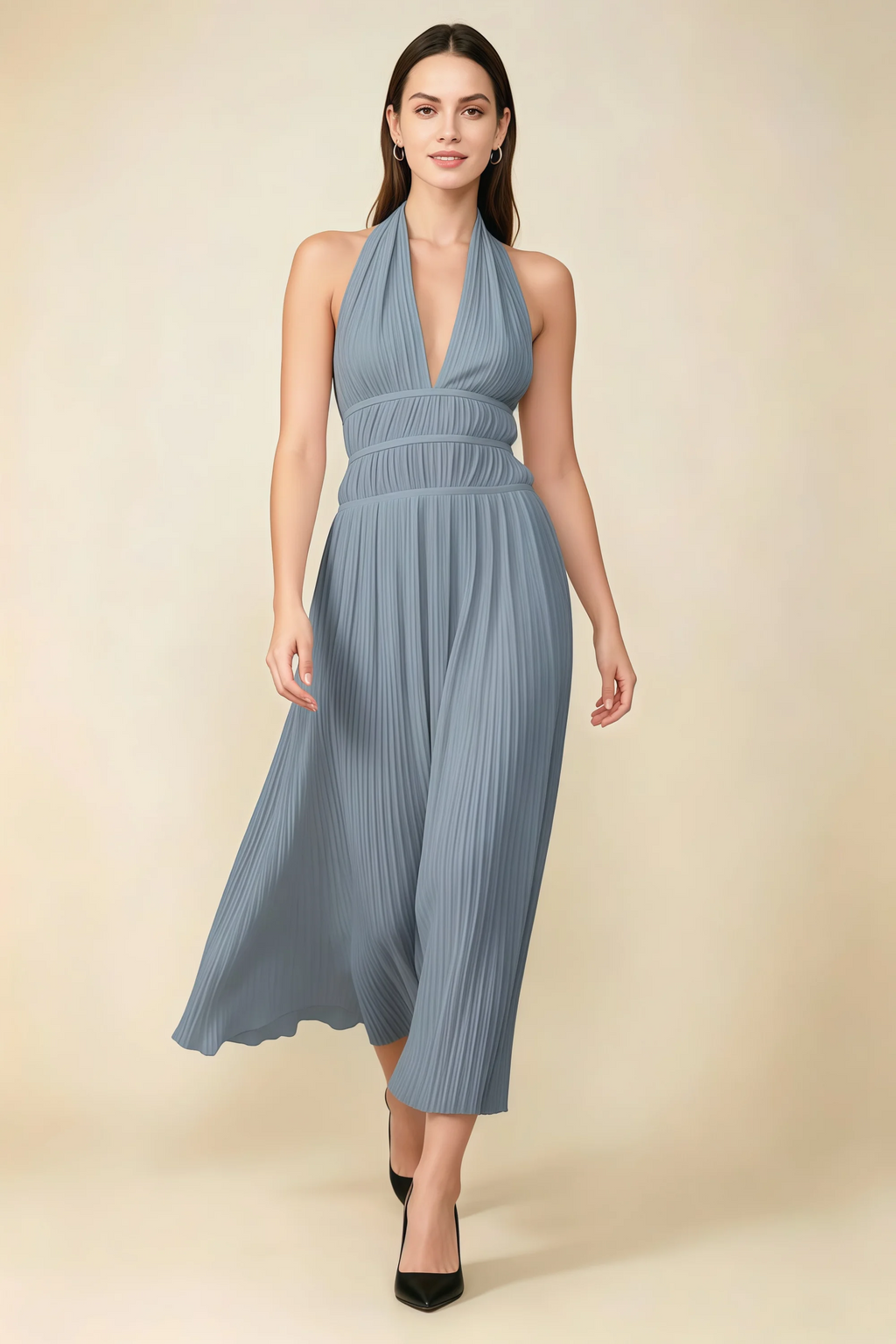 Arabella Dusty Blue Halter Open Back Pleated Midi Dress