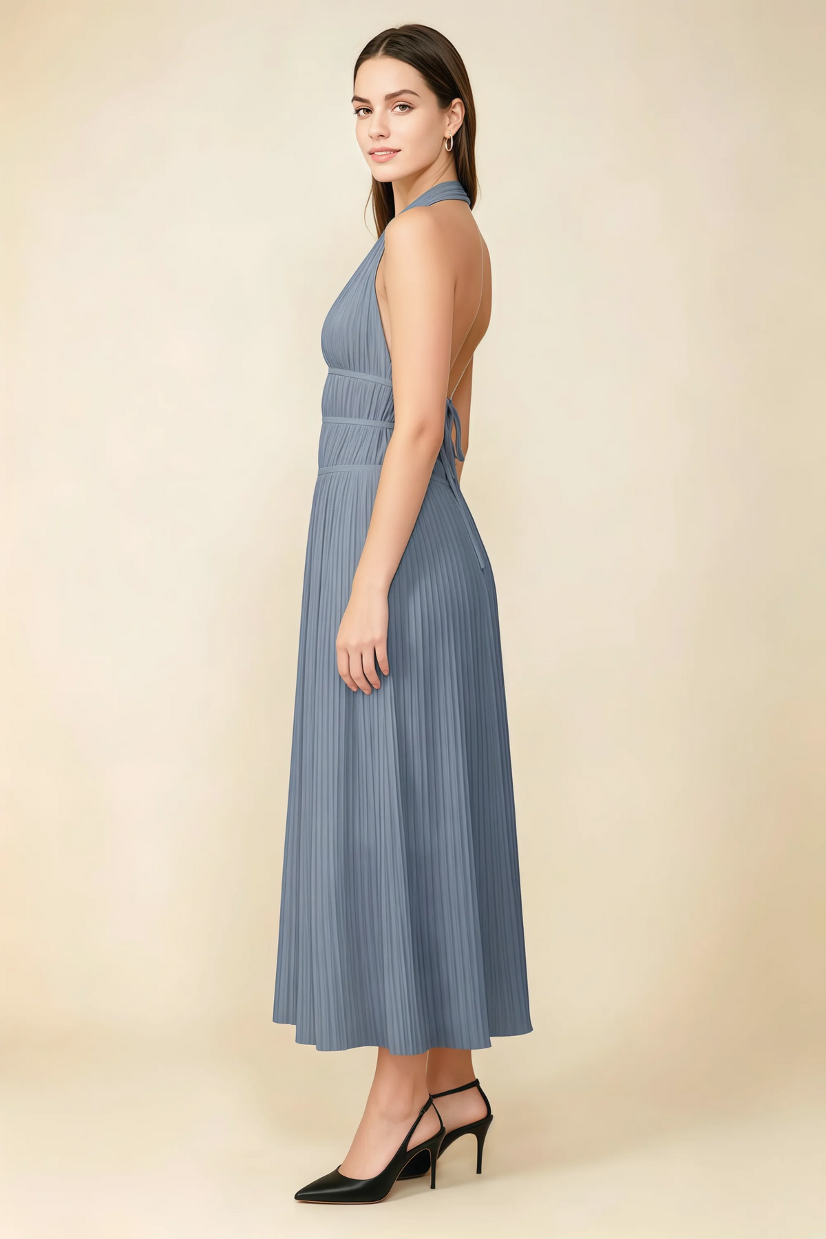 Arabella Dusty Blue Halter Open Back Pleated Midi Dress