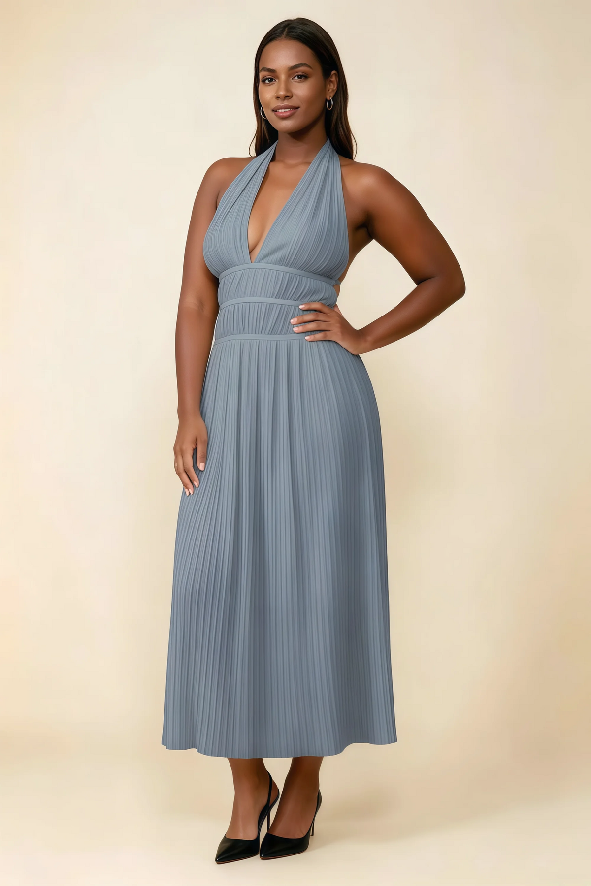 Arabella Dusty Blue Halter Open Back Pleated Midi Dress