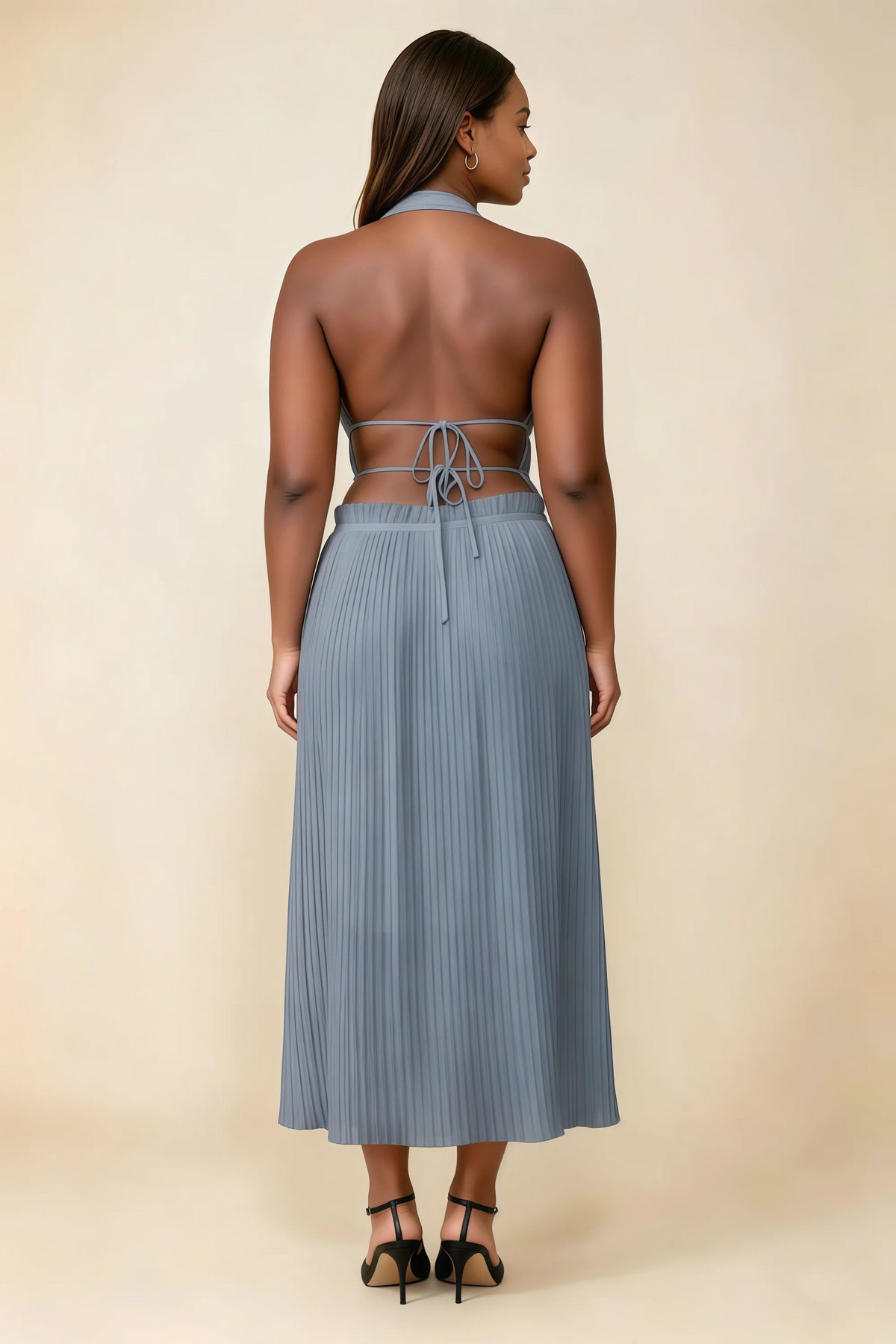 Arabella Dusty Blue Halter Open Back Pleated Midi Dress