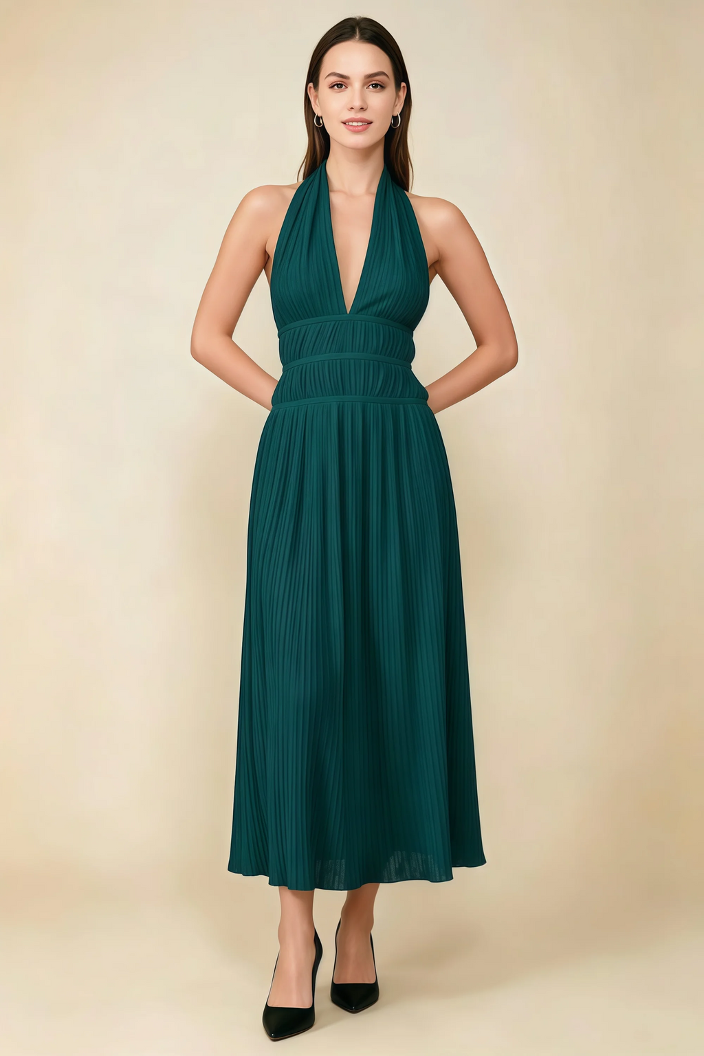 Arabella Emerald Green Halter Open Back Pleated Midi Dress