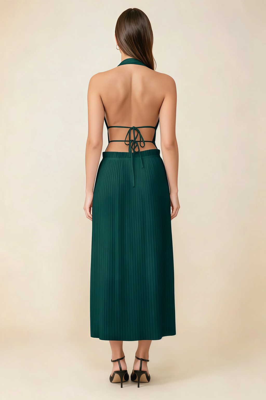 Arabella Emerald Green Halter Open Back Pleated Midi Dress