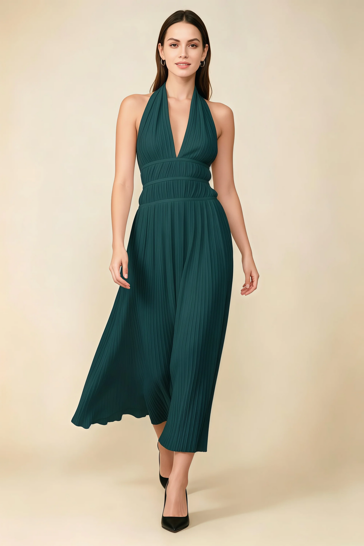 Arabella Emerald Green Halter Open Back Pleated Midi Dress