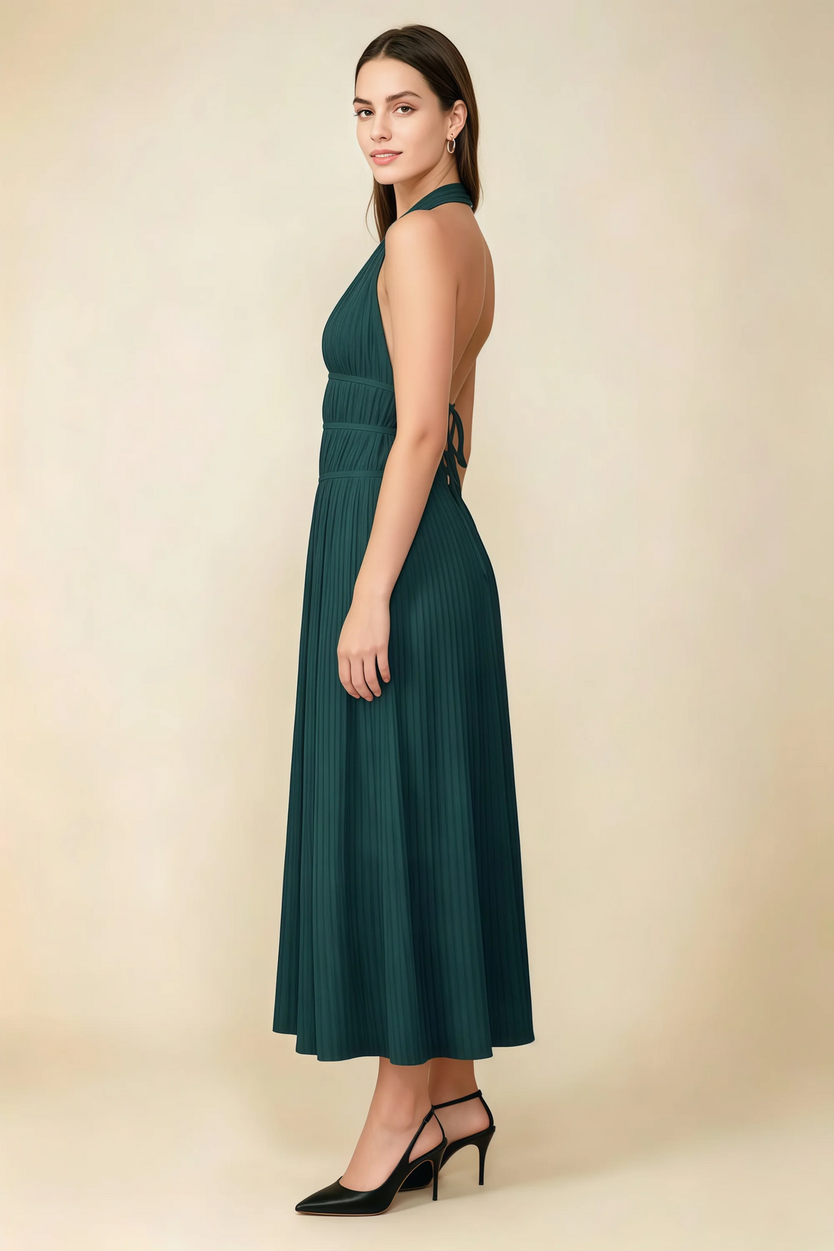 Arabella Emerald Green Halter Open Back Pleated Midi Dress