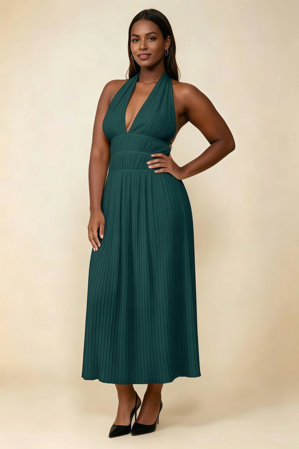 Arabella Emerald Green Halter Open Back Pleated Midi Dress