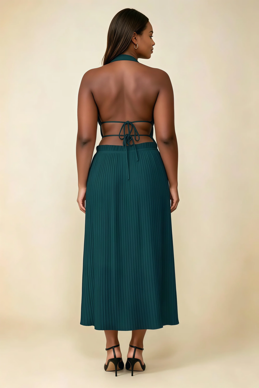 Arabella Emerald Green Halter Open Back Pleated Midi Dress