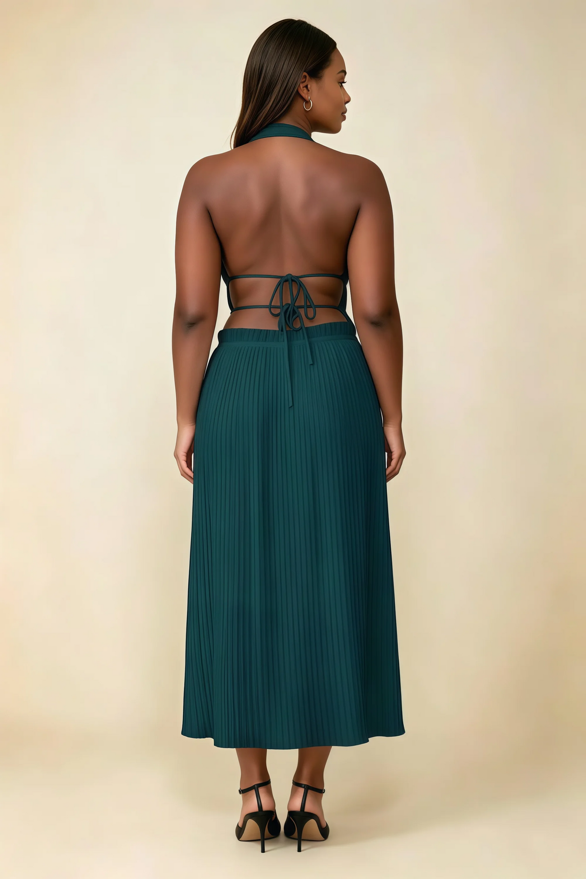 Arabella Emerald Green Halter Open Back Pleated Midi Dress