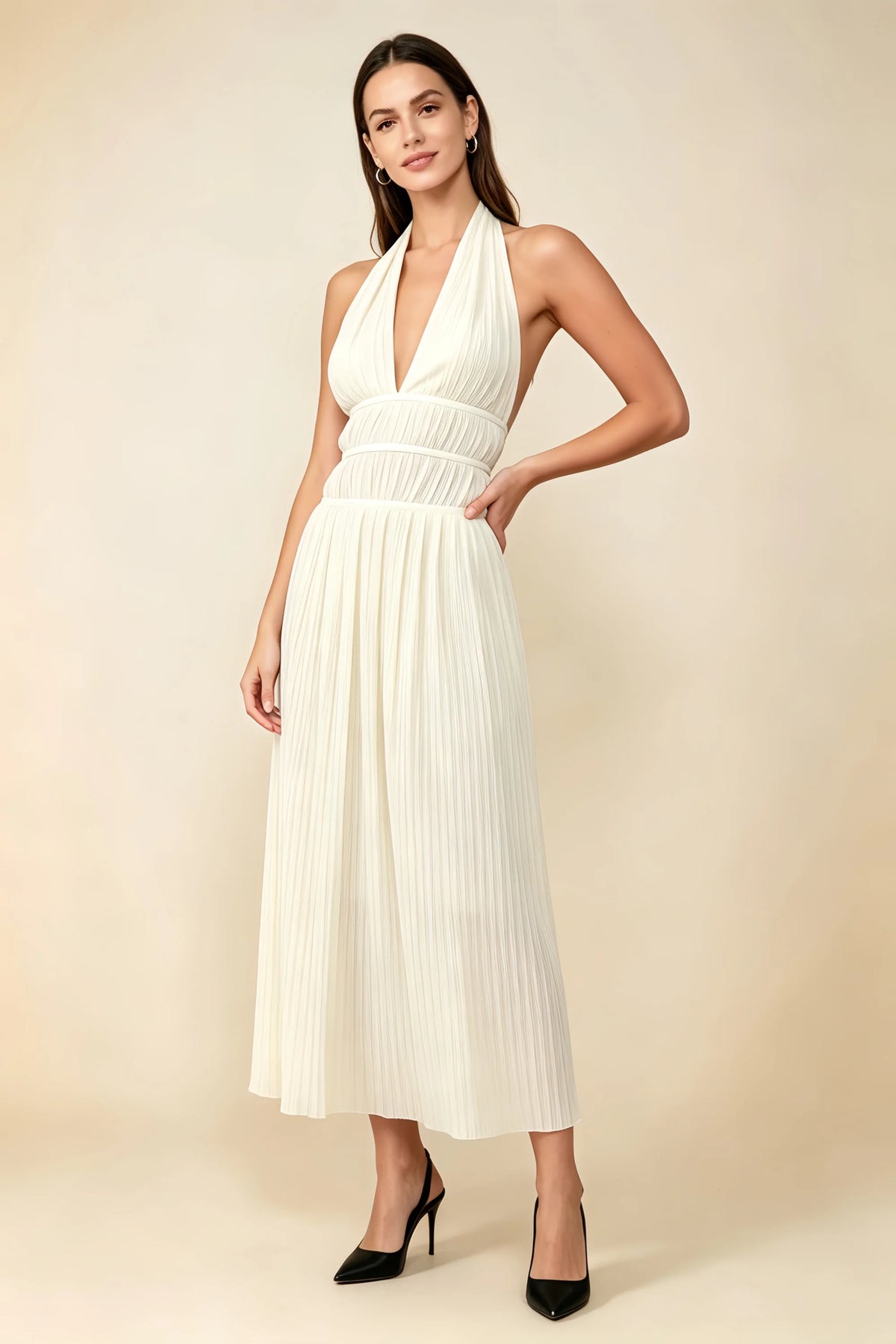 Arabella Ivory Halter Open Back Pleated Midi Dress