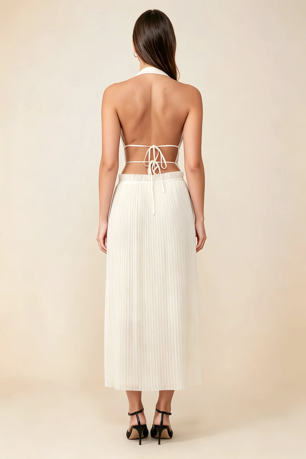 Arabella Ivory Halter Open Back Pleated Midi Dress