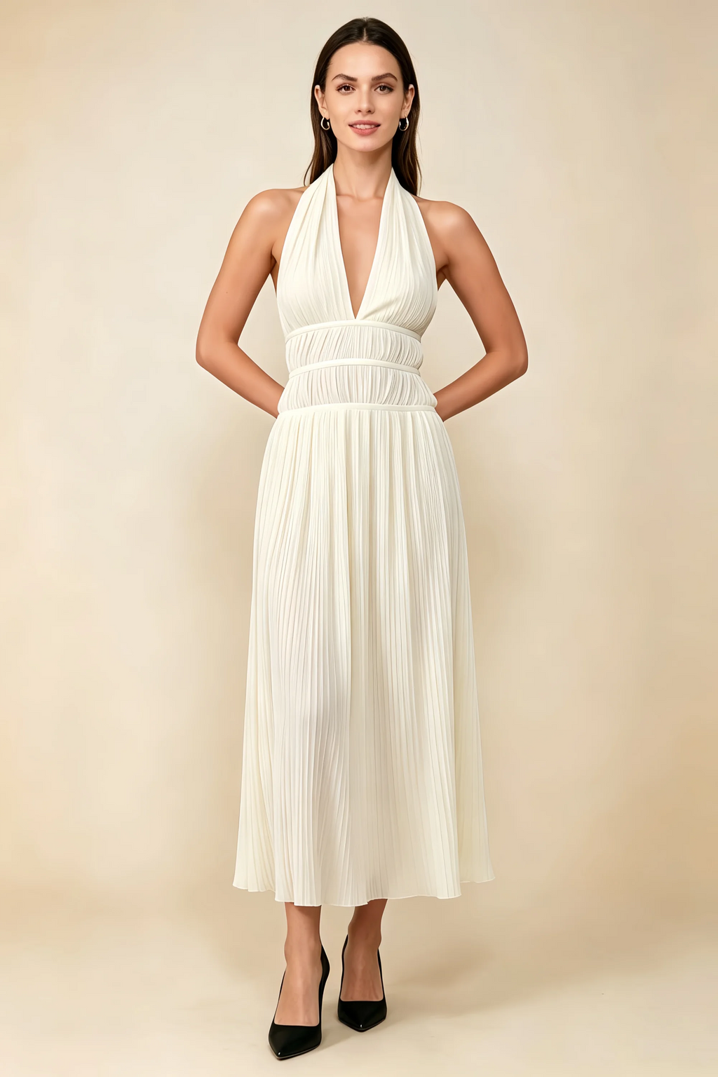 Arabella Ivory Halter Open Back Pleated Midi Dress
