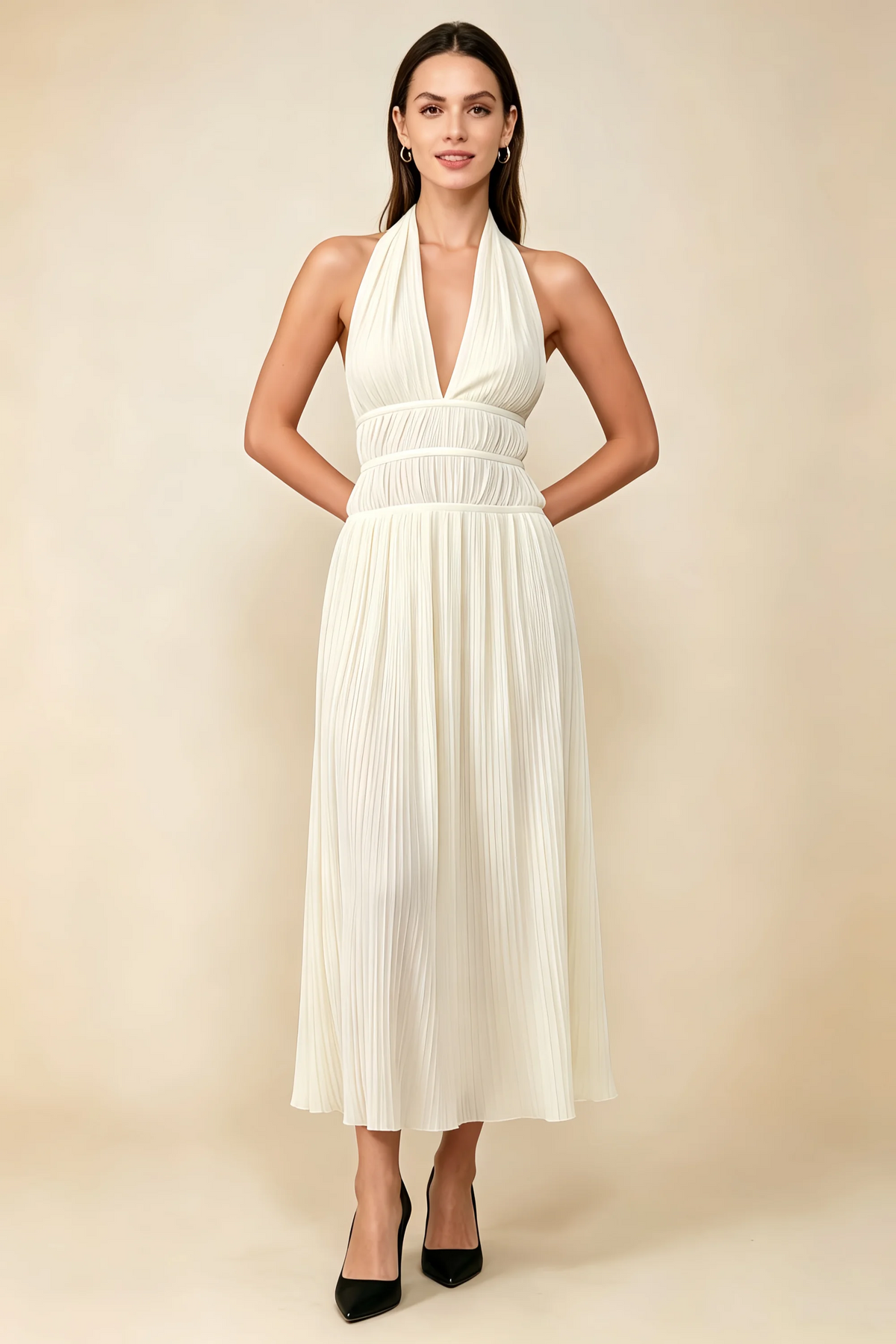 Arabella Ivory Halter Open Back Pleated Midi Dress