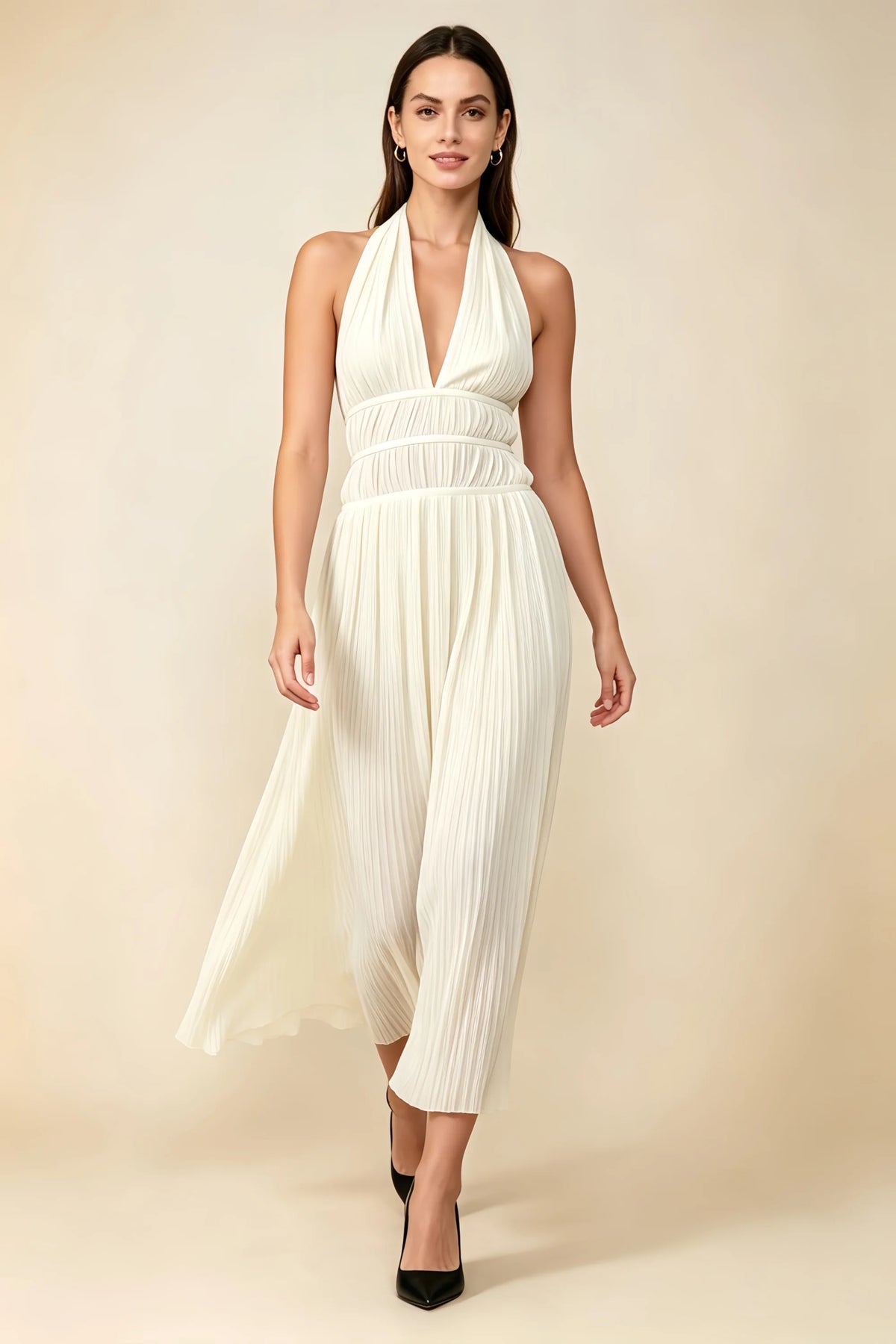 Arabella Ivory Halter Open Back Pleated Midi Dress