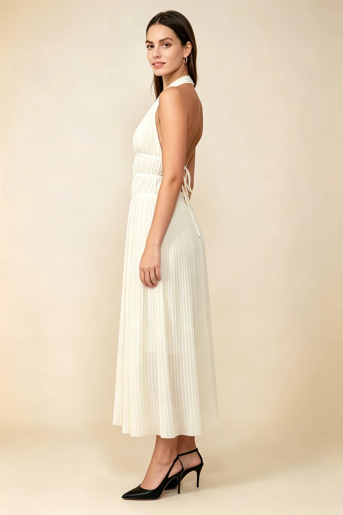 Arabella Ivory Halter Open Back Pleated Midi Dress