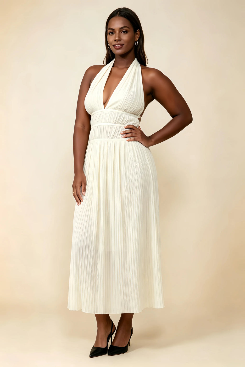 Arabella Ivory Halter Open Back Pleated Midi Dress