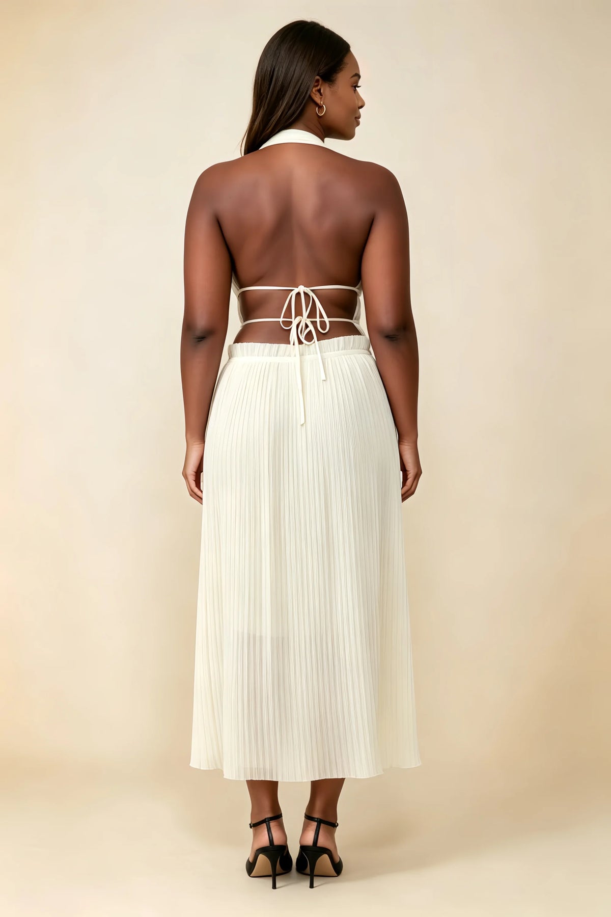 Arabella Ivory Halter Open Back Pleated Midi Dress