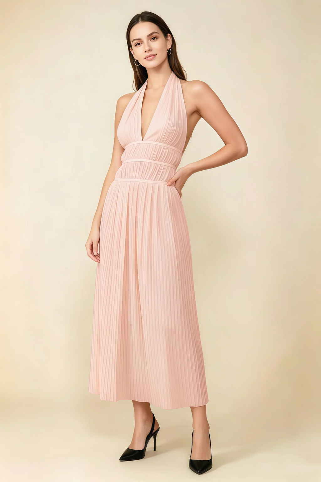Arabella Light Pink Halter Open Back Pleated Midi Dress