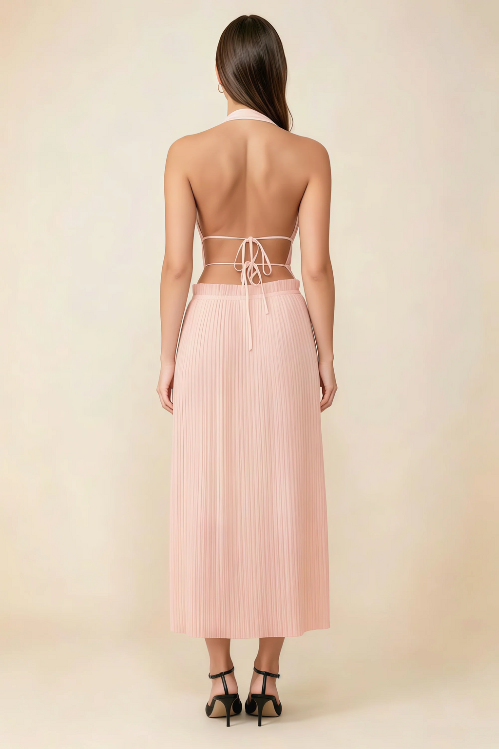 Arabella Light Pink Halter Open Back Pleated Midi Dress