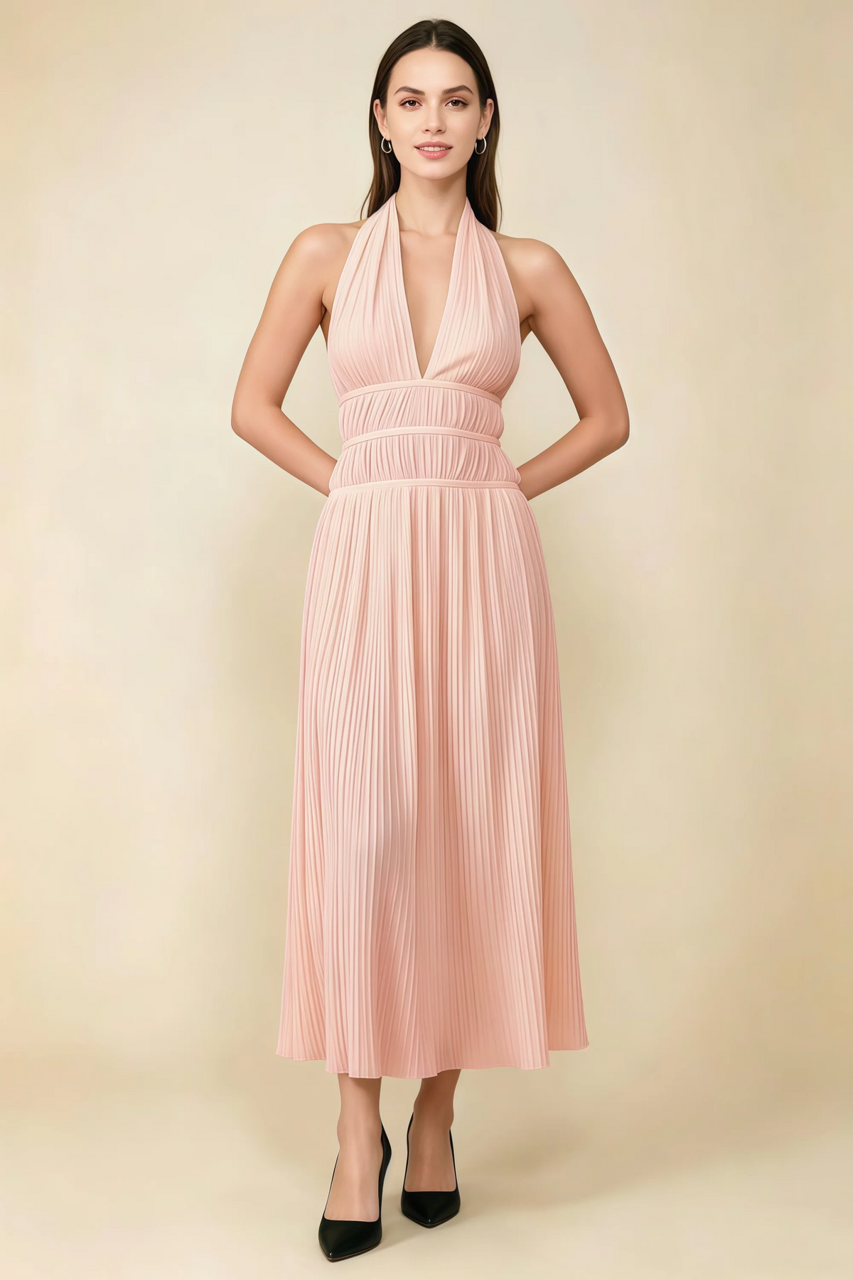 Arabella Light Pink Halter Open Back Pleated Midi Dress
