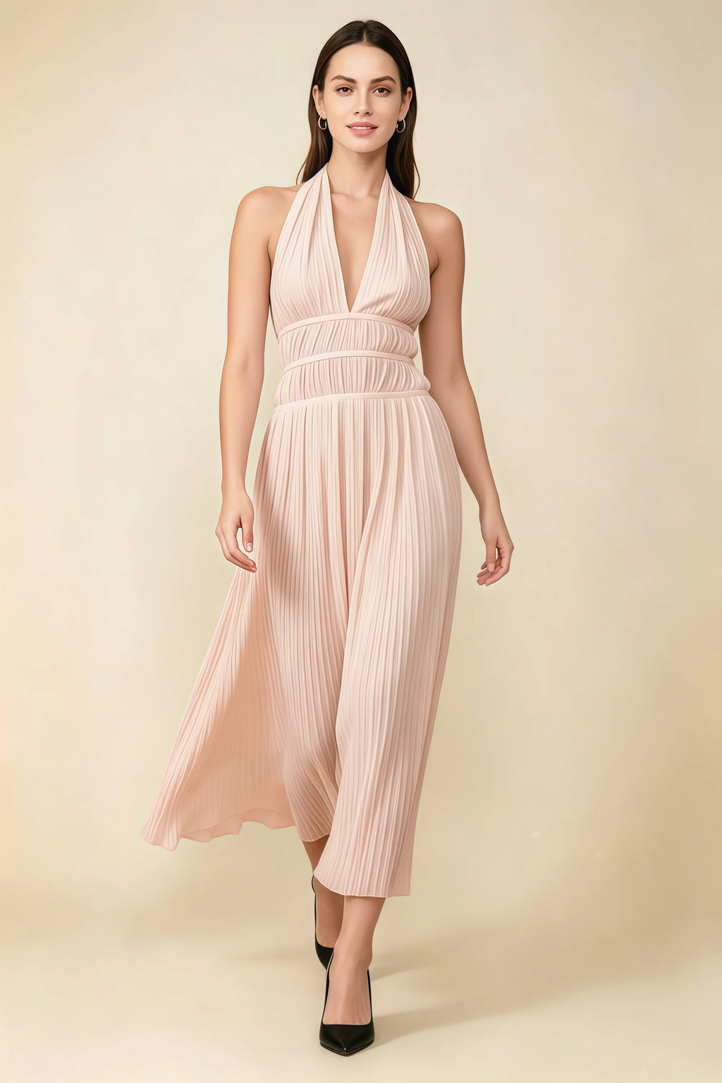 Arabella Light Pink Halter Open Back Pleated Midi Dress