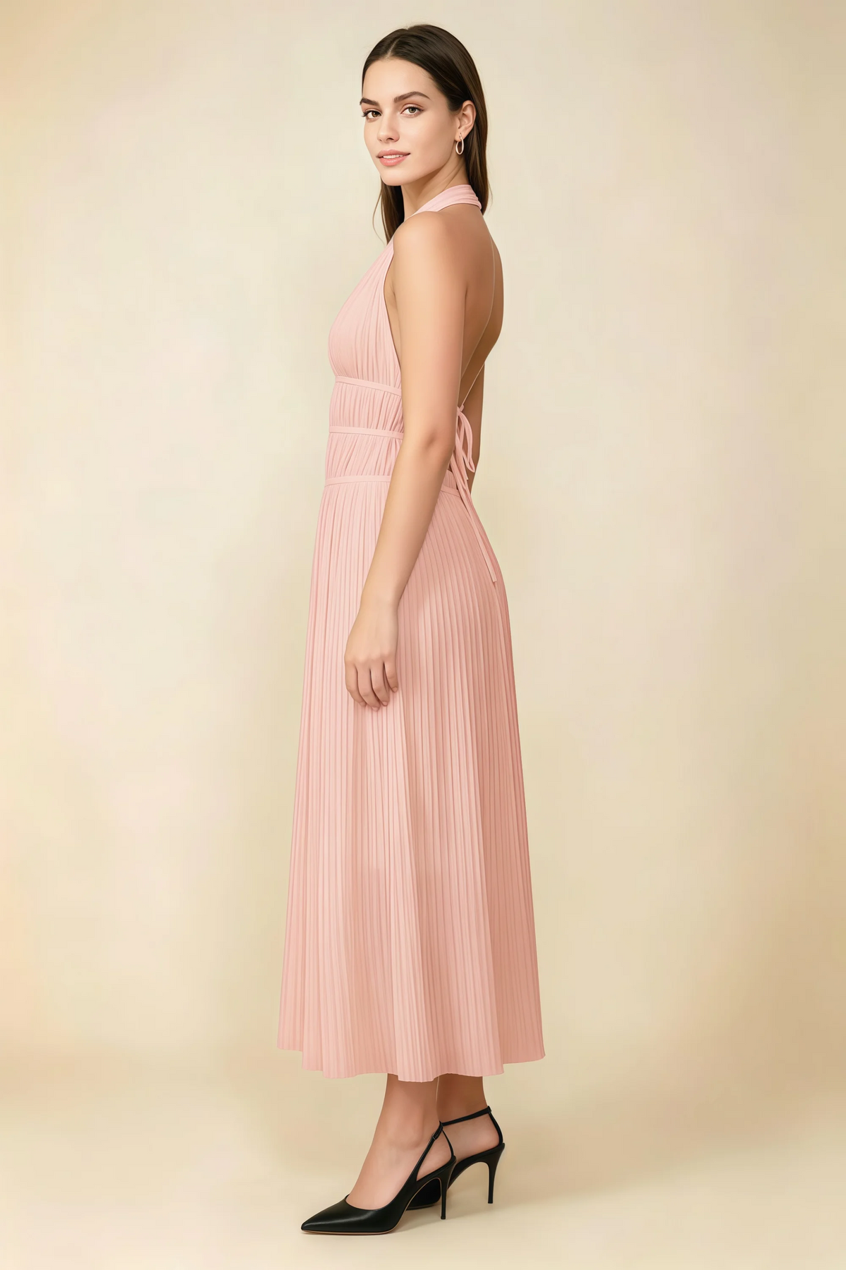 Arabella Light Pink Halter Open Back Pleated Midi Dress