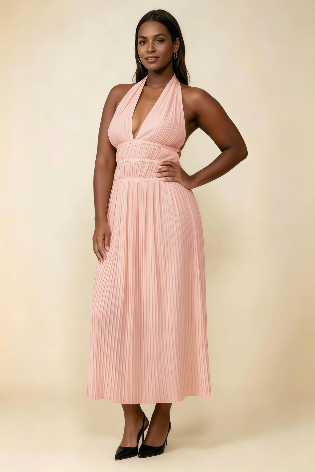 Arabella Light Pink Halter Open Back Pleated Midi Dress