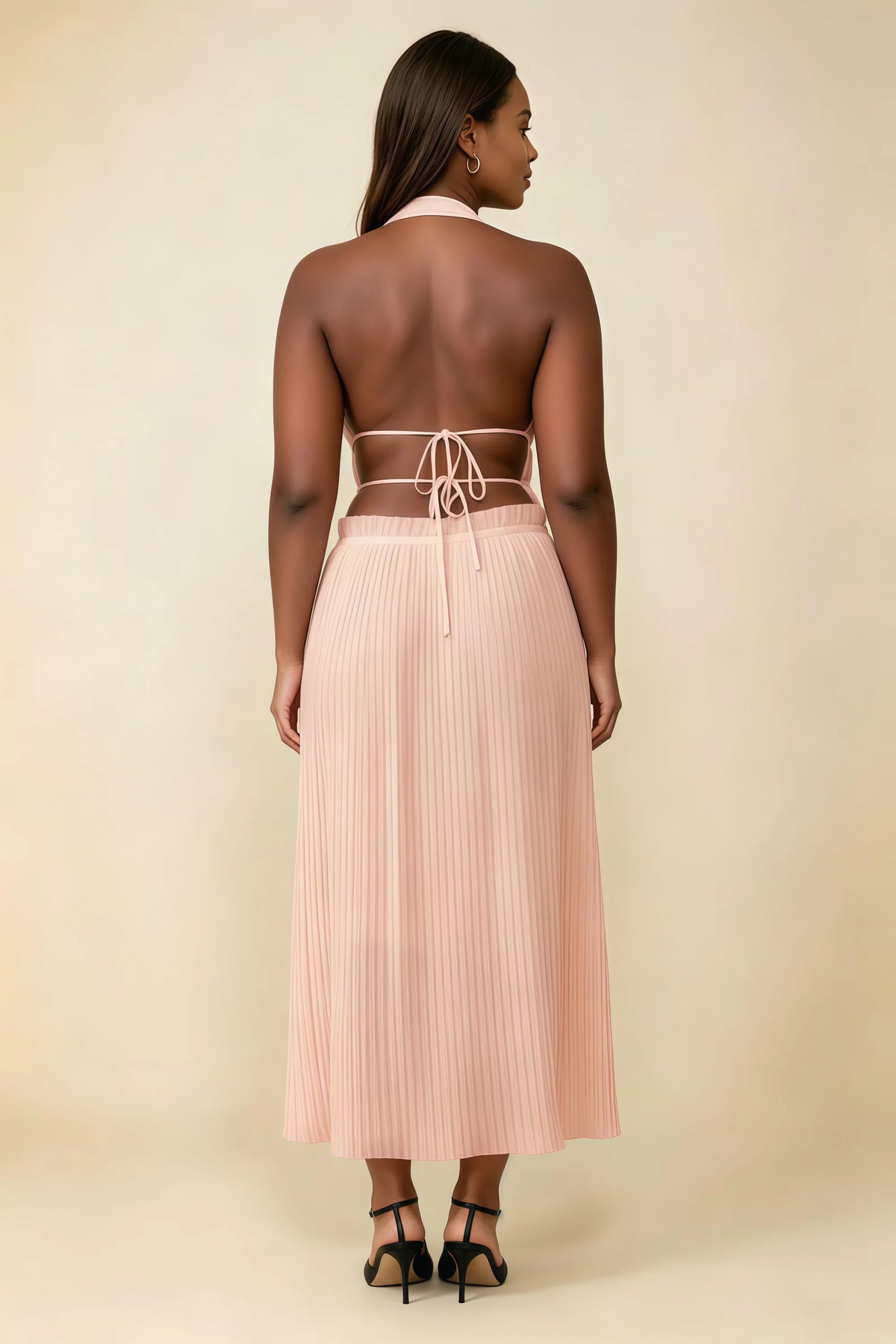 Arabella Light Pink Halter Open Back Pleated Midi Dress