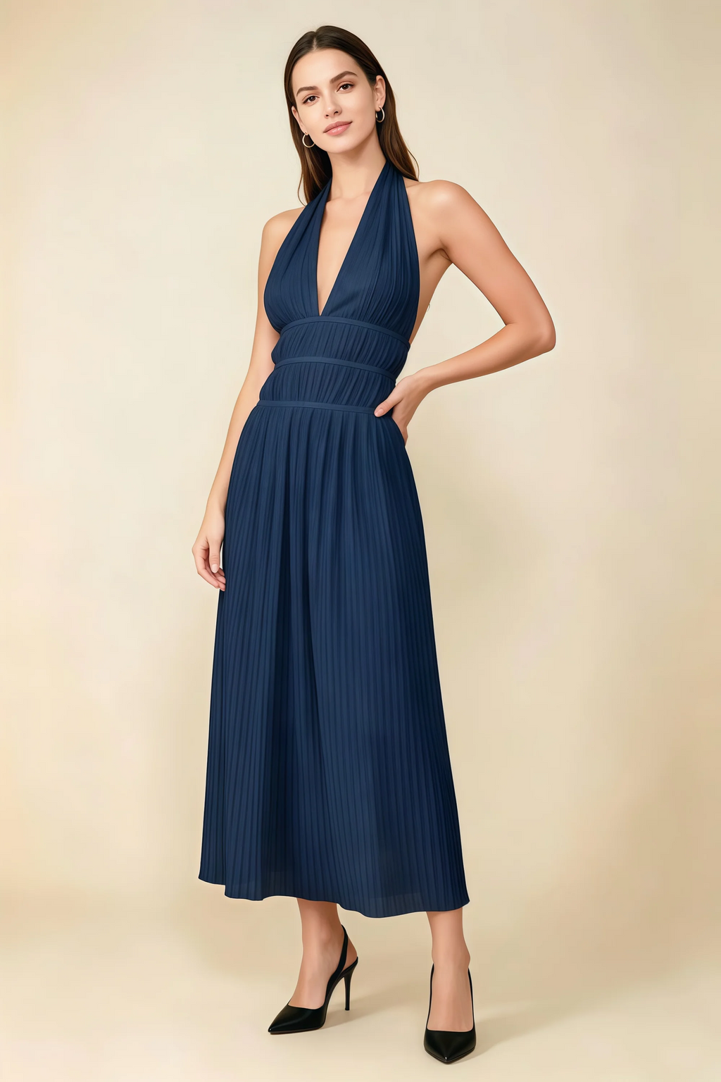 Arabella Navy Halter Open Back Pleated Midi Dress