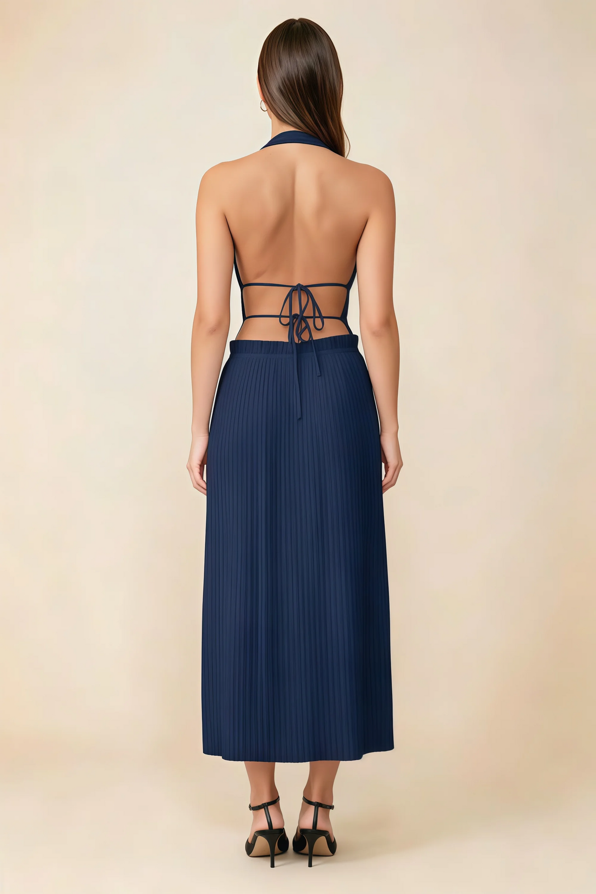 Arabella Navy Halter Open Back Pleated Midi Dress