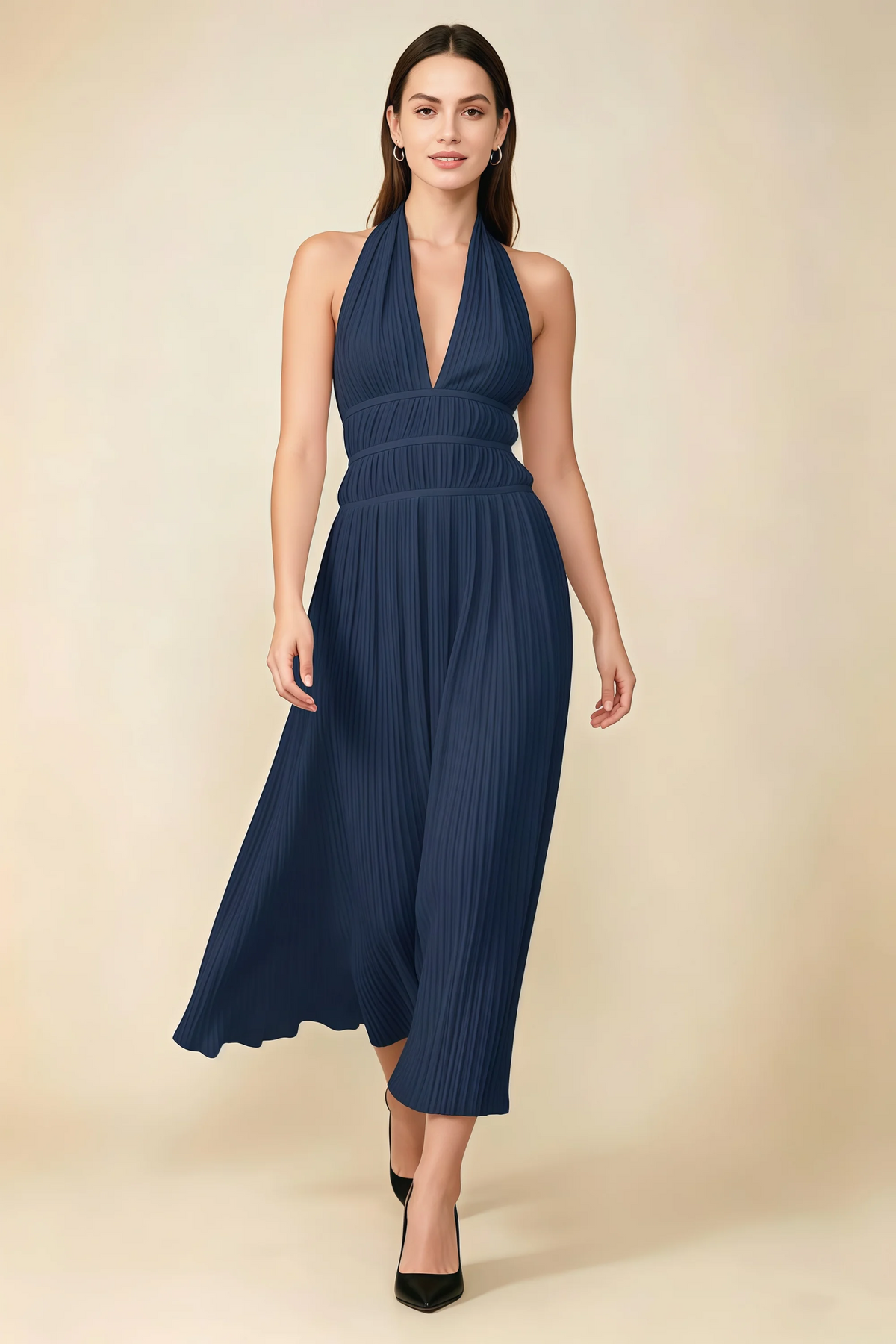 Arabella Navy Halter Open Back Pleated Midi Dress