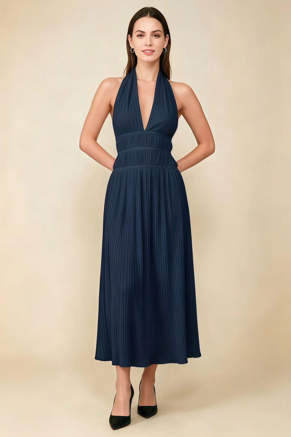 Arabella Navy Halter Open Back Pleated Midi Dress