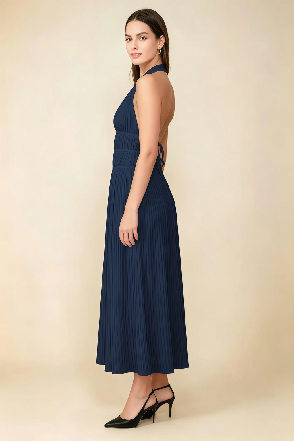 Arabella Navy Halter Open Back Pleated Midi Dress