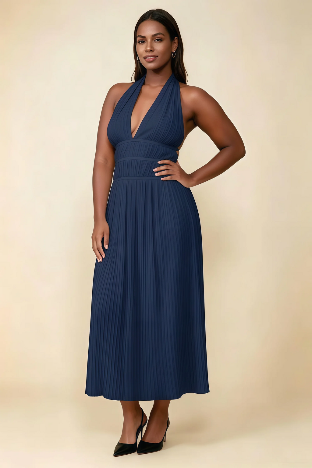 Arabella Navy Halter Open Back Pleated Midi Dress