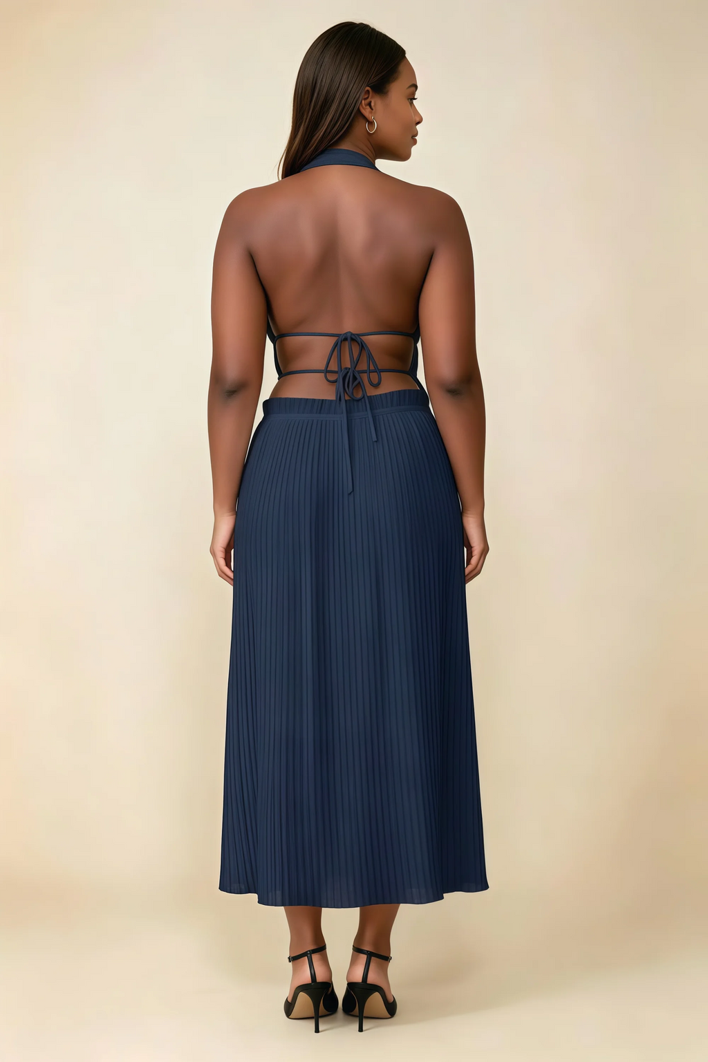 Arabella Navy Halter Open Back Pleated Midi Dress