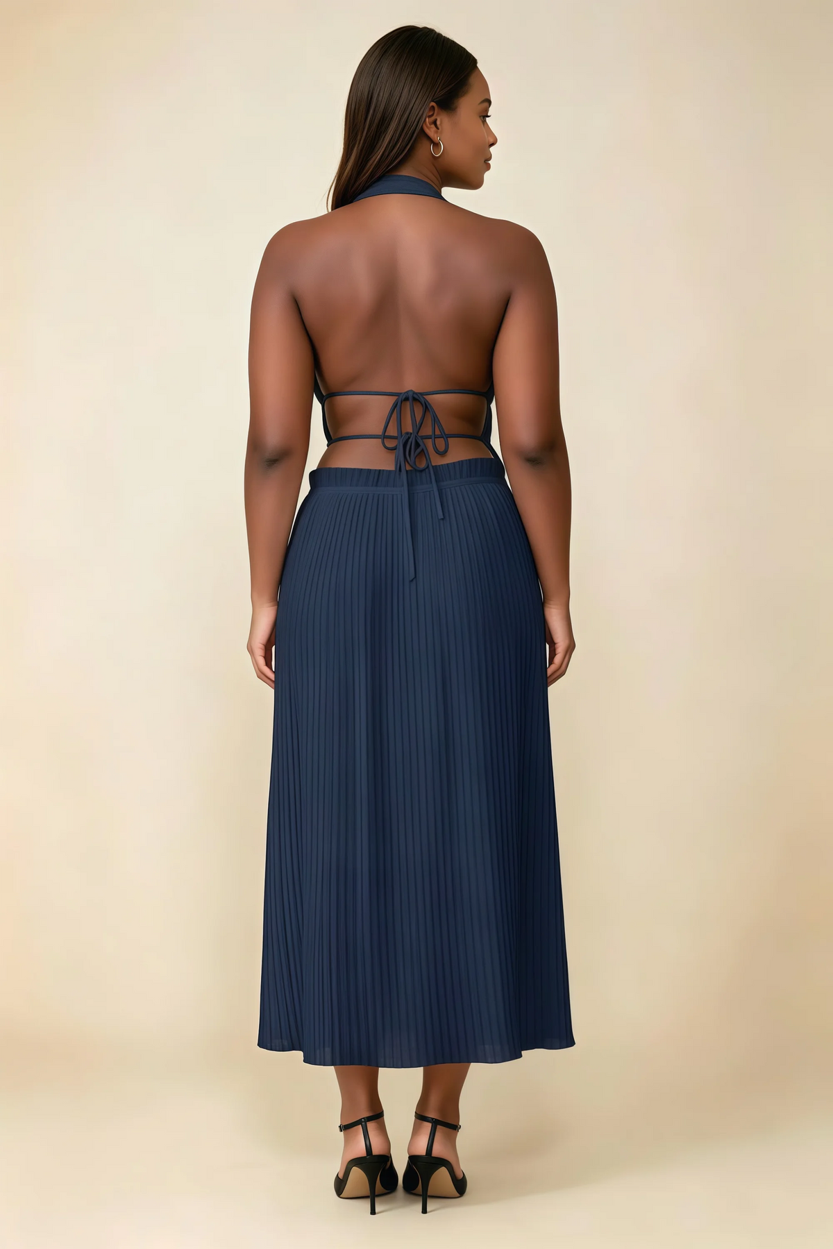 Arabella Navy Halter Open Back Pleated Midi Dress