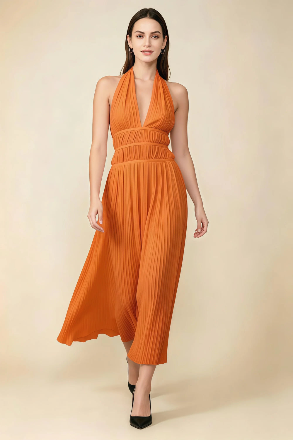 Translation missing: en.Front view of the LVLVS Arabella orange pleated midi dress with a deep V halter neckline and defined waist. content.product_image_main