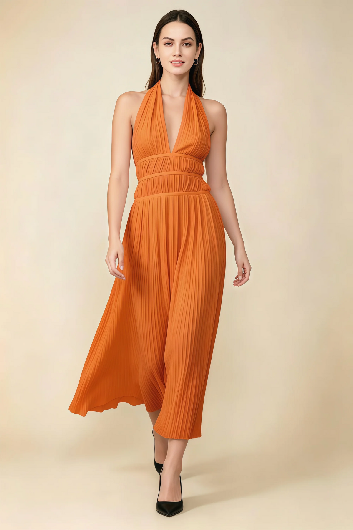 Arabella Orange Halter Open Back Pleated Midi Dress