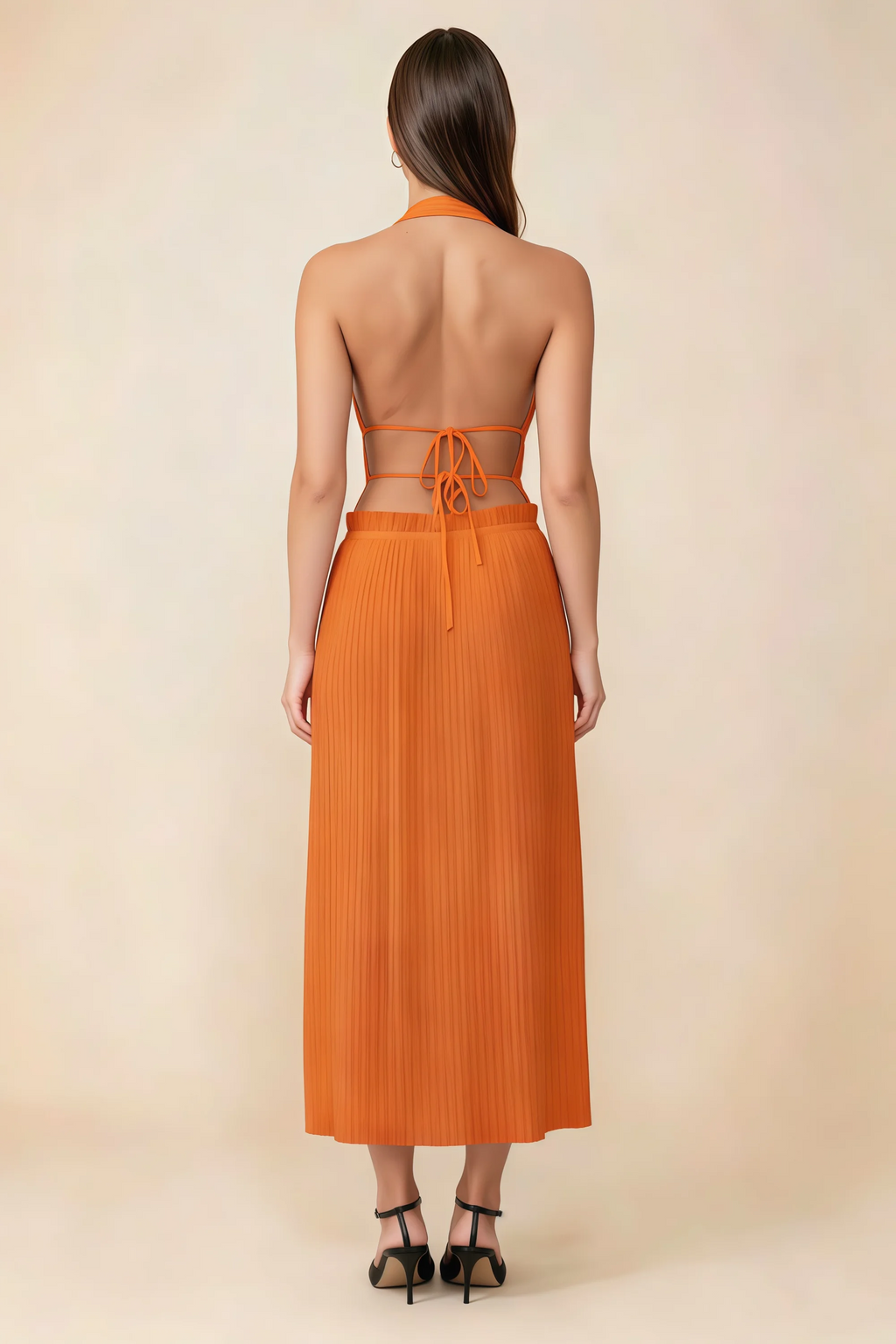 Arabella Orange Halter Open Back Pleated Midi Dress