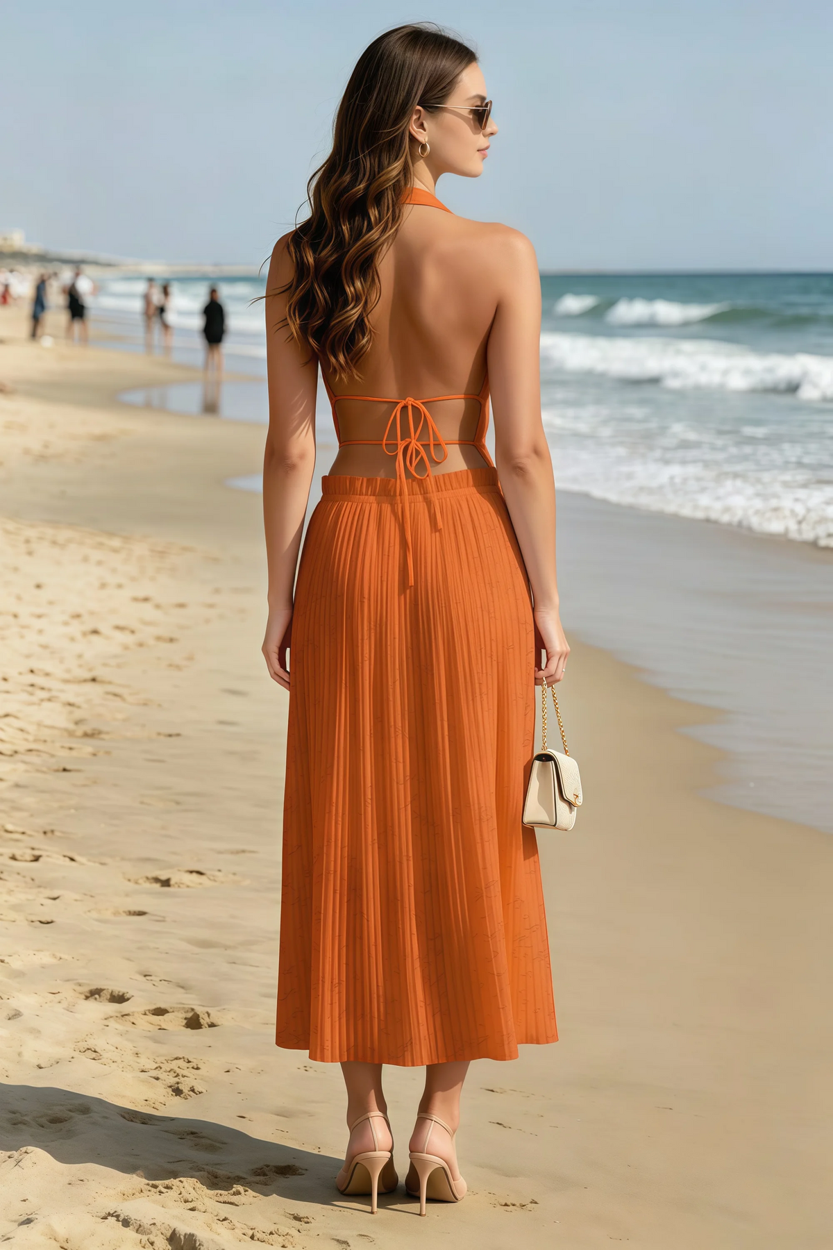 Arabella Orange Halter Open Back Pleated Midi Dress