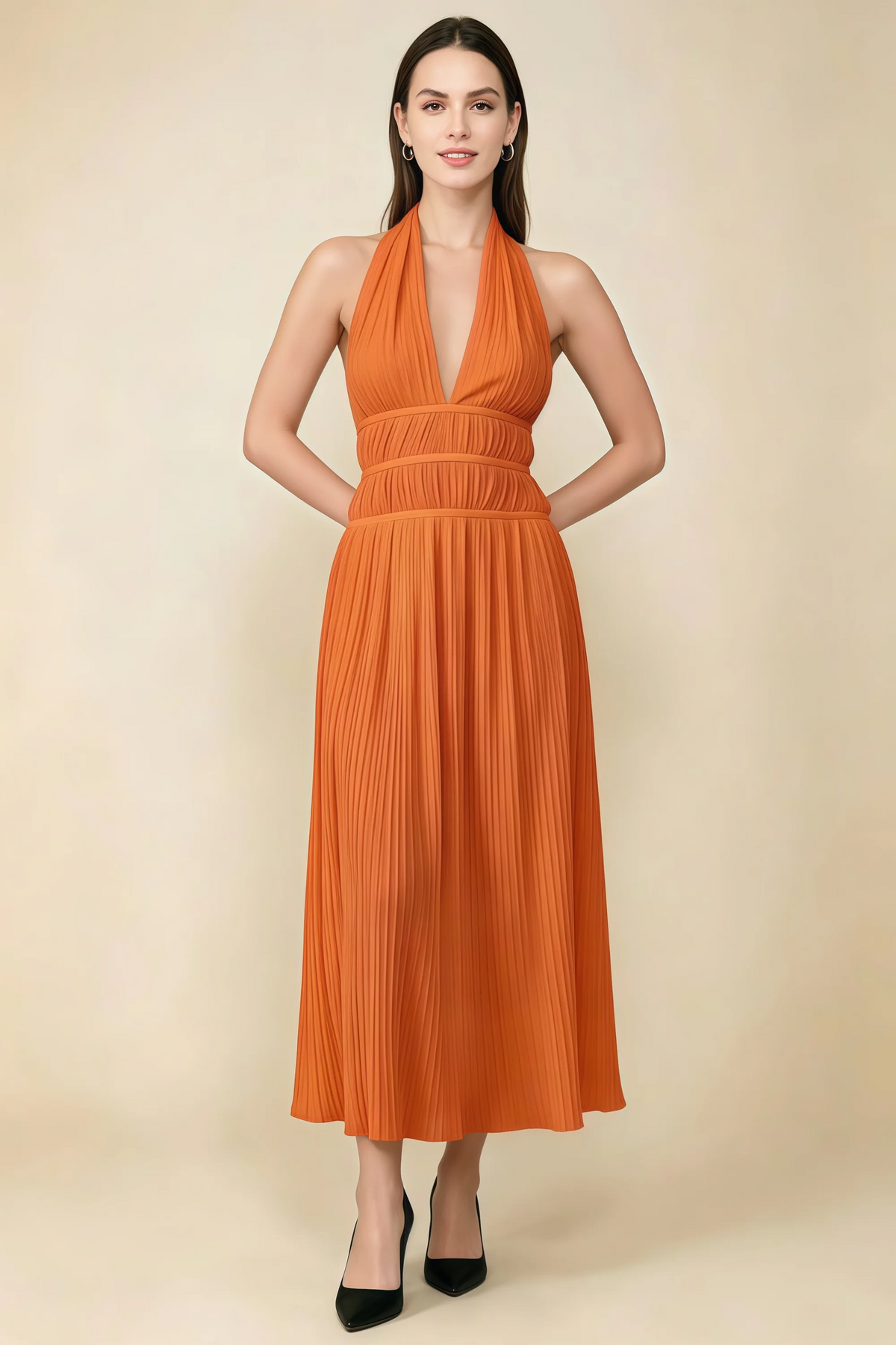 Arabella Orange Halter Open Back Pleated Midi Dress