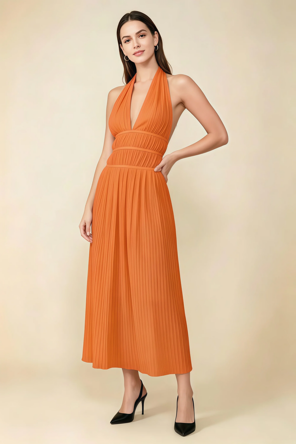 Arabella Orange Halter Open Back Pleated Midi Dress