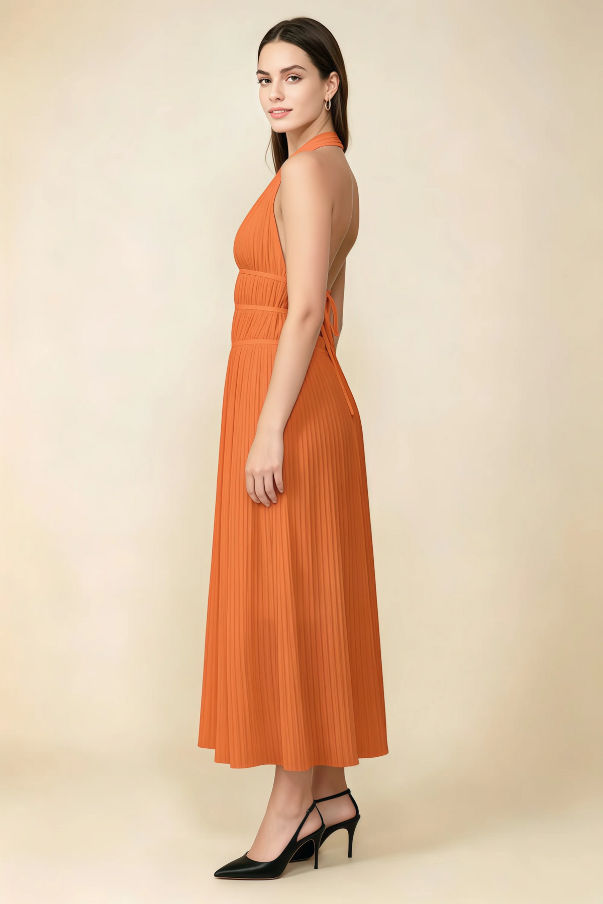 Arabella Orange Halter Open Back Pleated Midi Dress