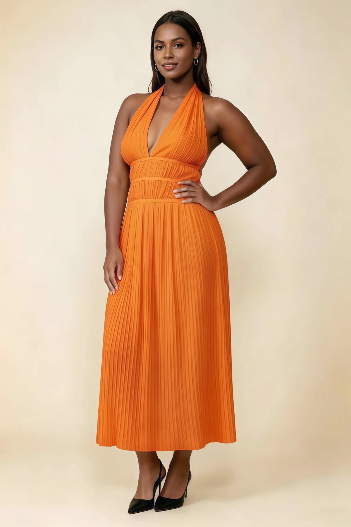 Arabella Orange Halter Open Back Pleated Midi Dress