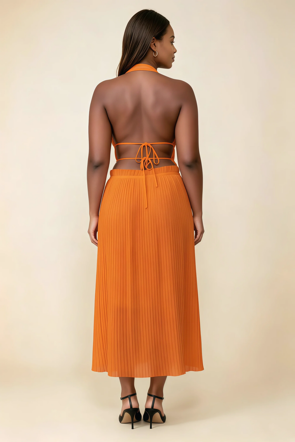 Arabella Orange Halter Open Back Pleated Midi Dress