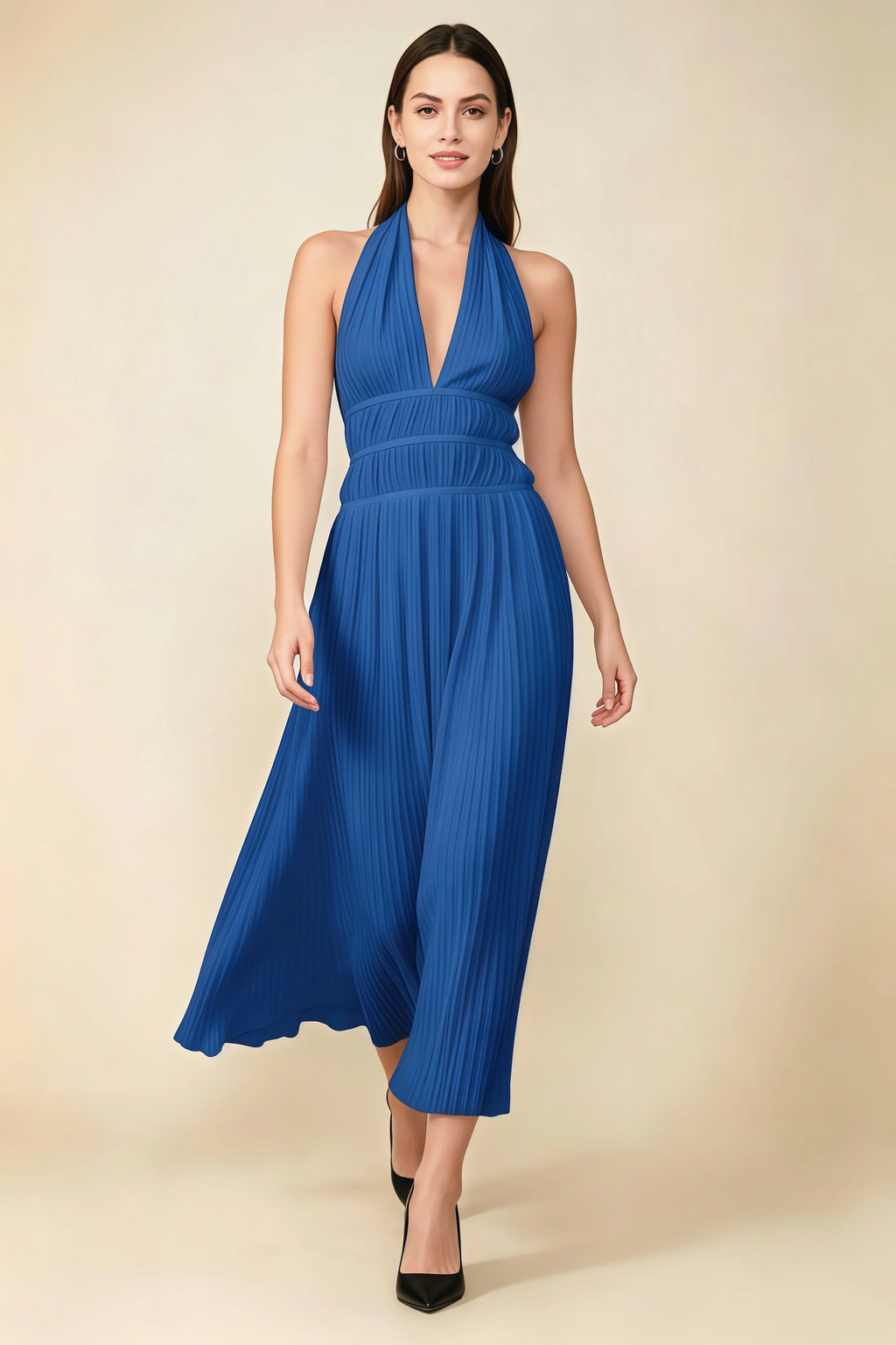 Arabella Royal Blue Halter Open Back Pleated Midi Dress