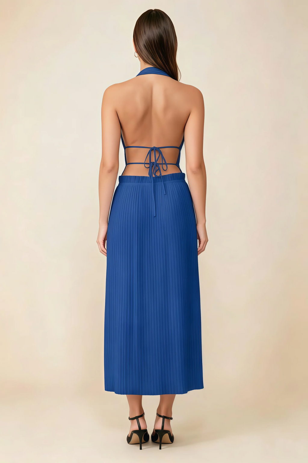 Arabella Royal Blue Halter Open Back Pleated Midi Dress