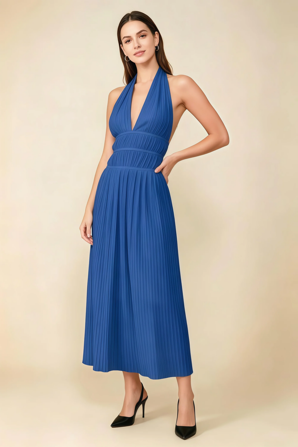 Arabella Royal Blue Halter Open Back Pleated Midi Dress