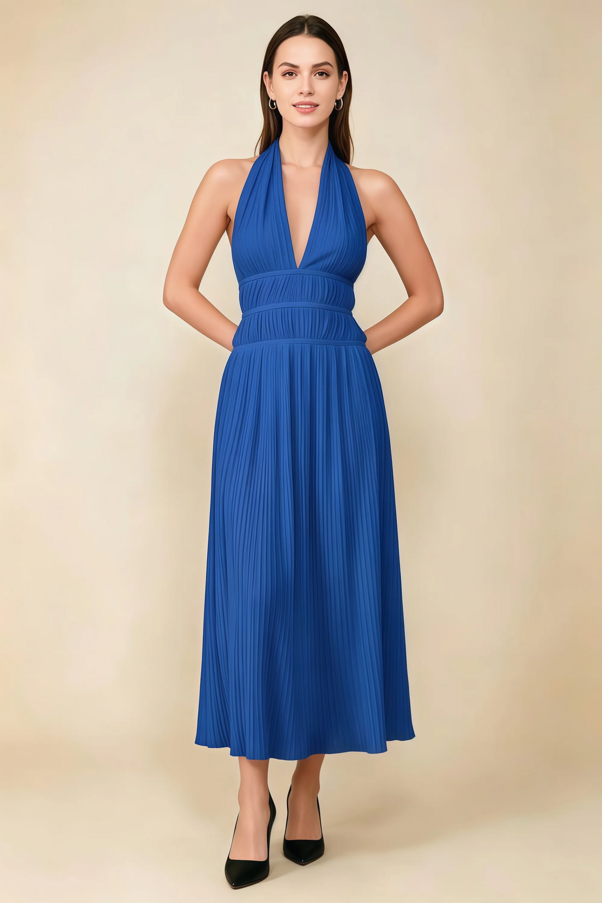 Arabella Royal Blue Halter Open Back Pleated Midi Dress