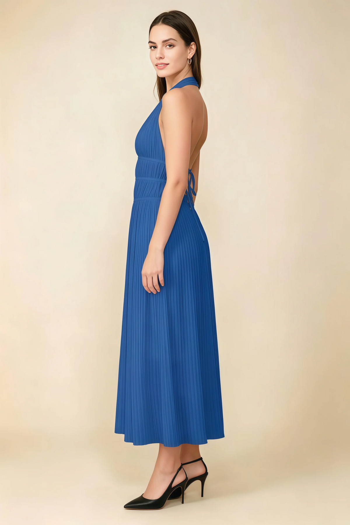Arabella Royal Blue Halter Open Back Pleated Midi Dress