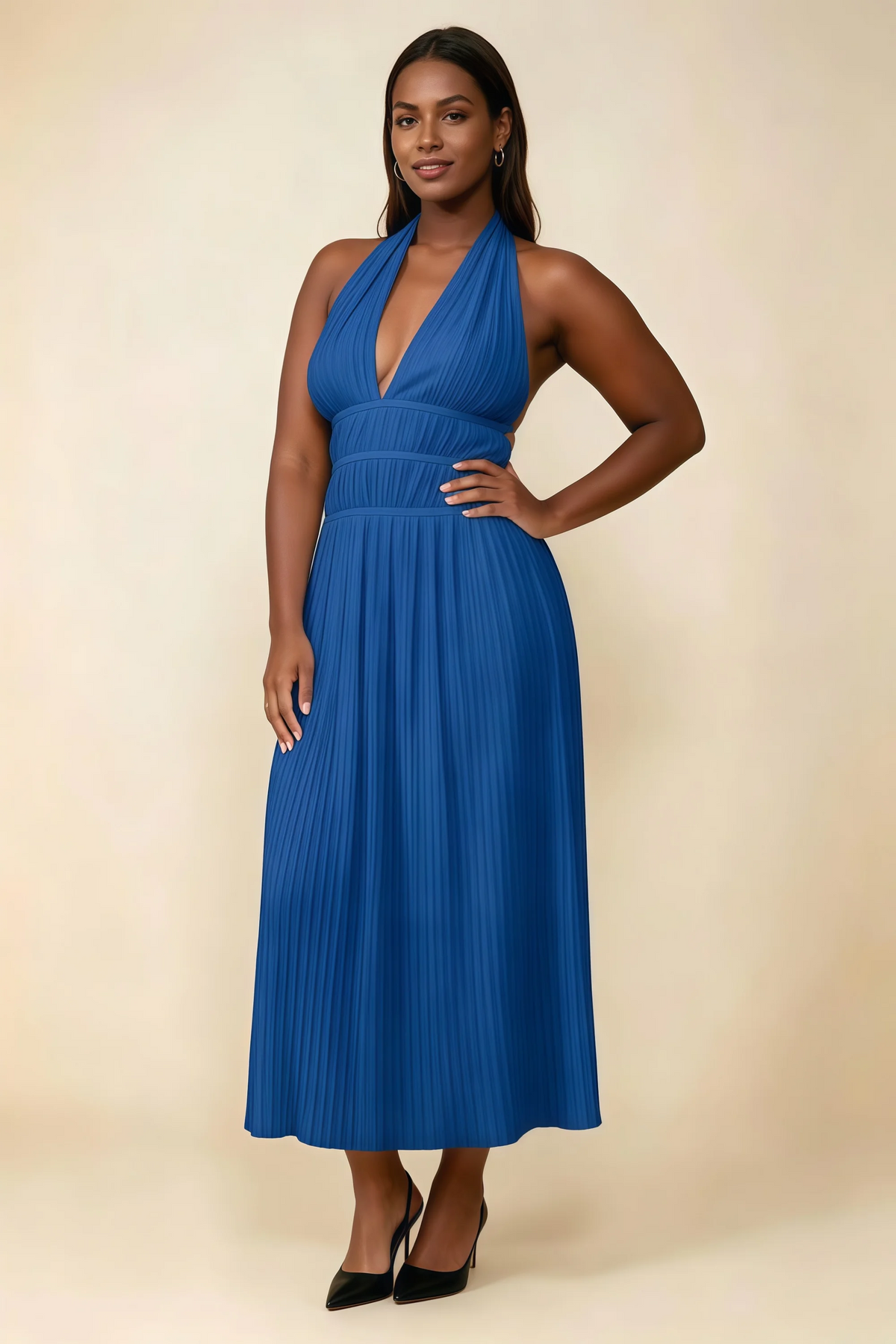 Arabella Royal Blue Halter Open Back Pleated Midi Dress