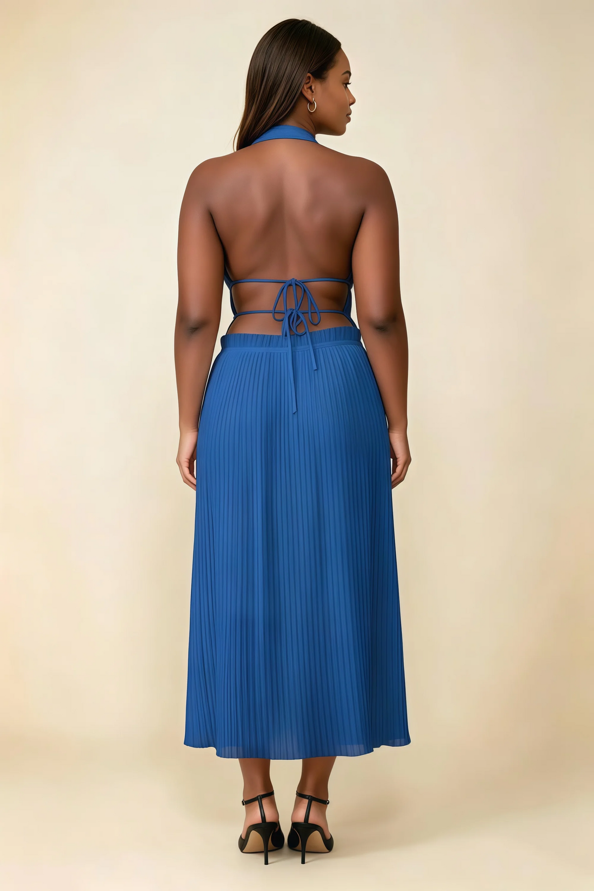 Arabella Royal Blue Halter Open Back Pleated Midi Dress